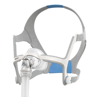ResMed AirFit N20 nasal mask with gray headgear and clear nasal cushion, angled view.
