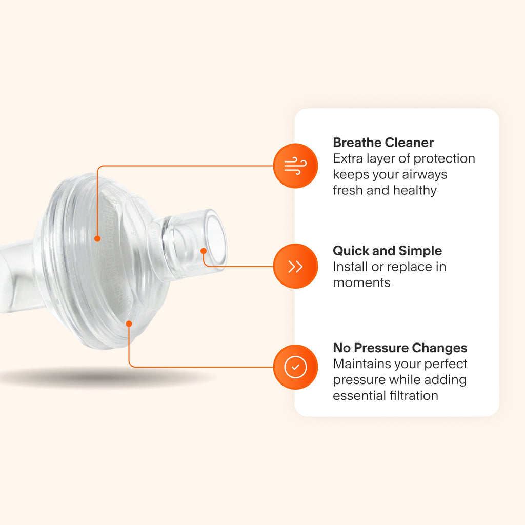 Inline CPAP bacteria filter offering clean, healthy air with easy installation and no pressure changes for seamless therapy.