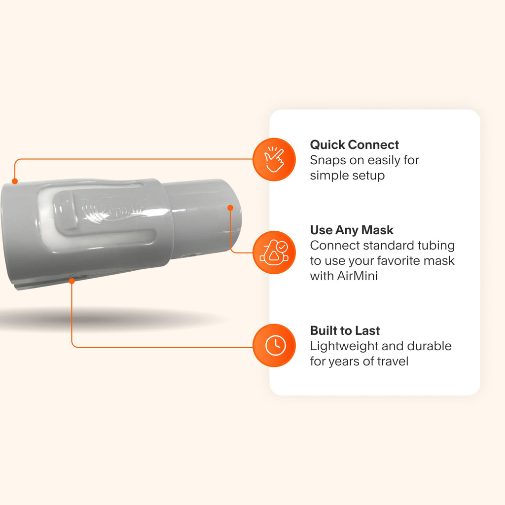 Zephair AirMini Tube Adapter featuring compatibility with standard tubing for any mask, easy snap-on setup, and durable design for long-lasting travel use.