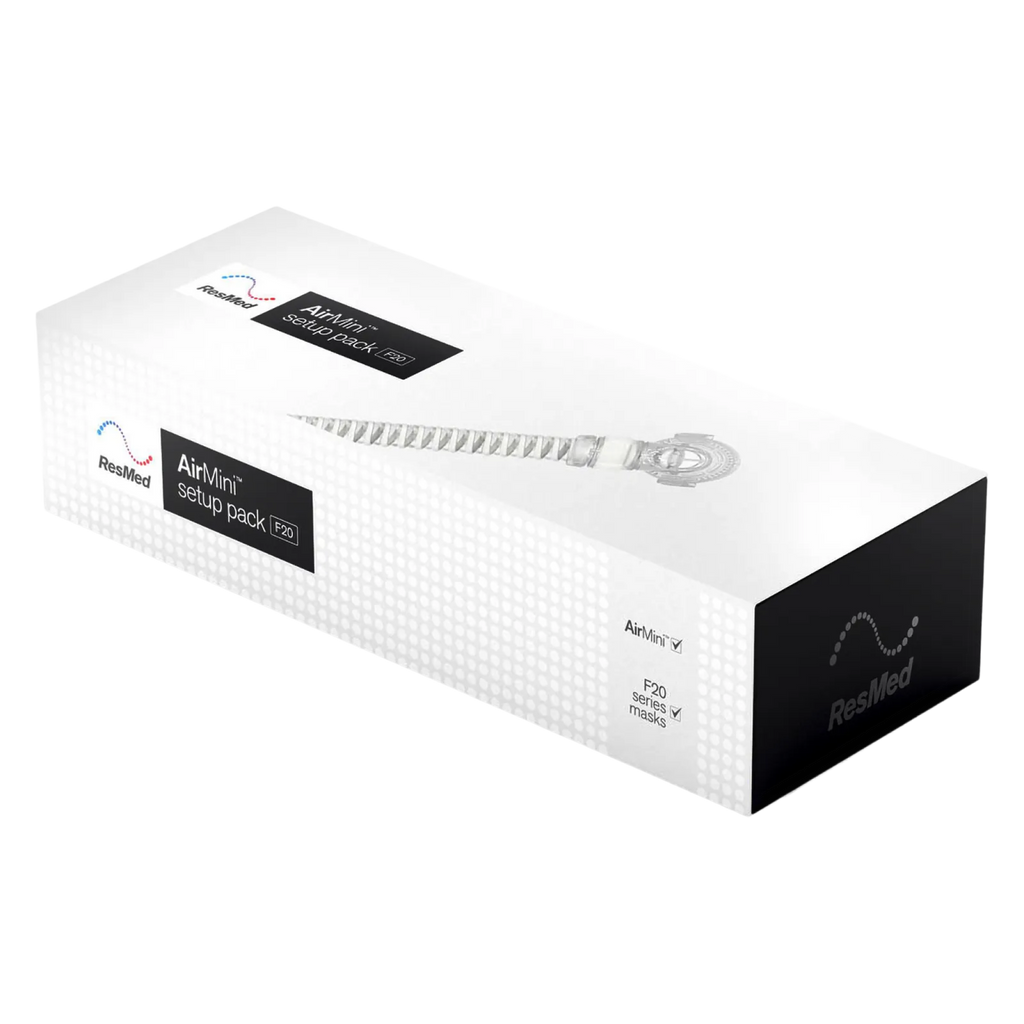 ResMed AirMini setup pack in a white rectangular cardboard box, shown from a high-angle perspective.