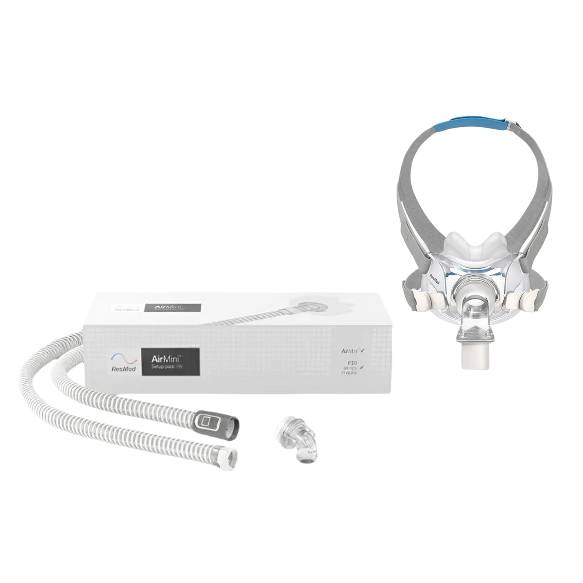 ResMed AirFit F30 mask and AirMini setup pack including white tubing and packaging.