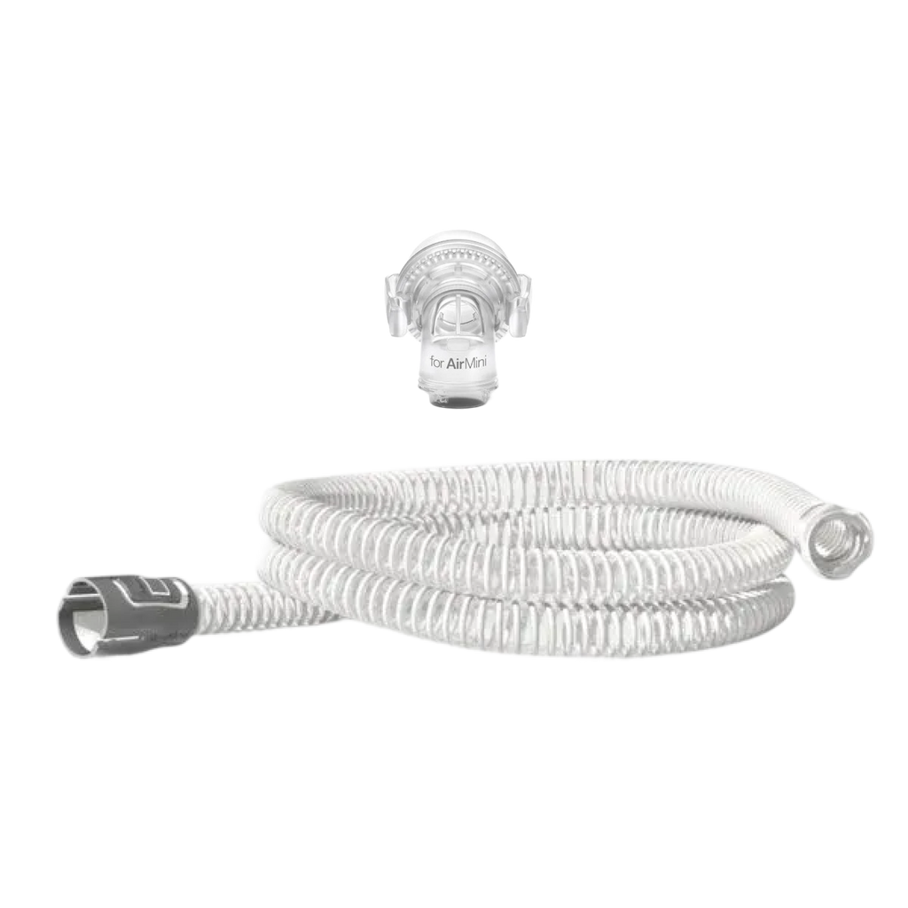ResMed Airmini mask setup pack featuring a white corrugated CPAP hose and a white connector piece.