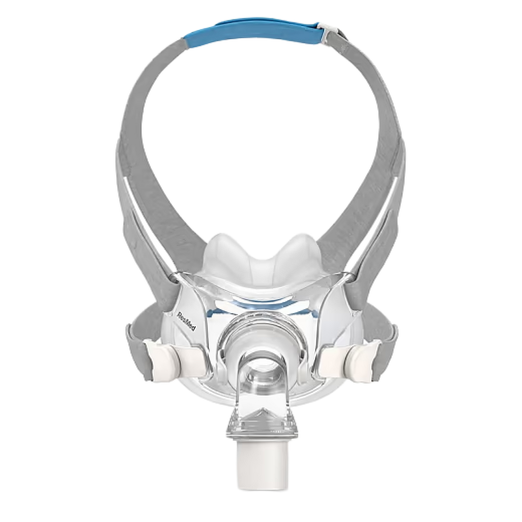 ResMed AirFit F30 full face CPAP mask with grey headgear and clear silicone cushion.