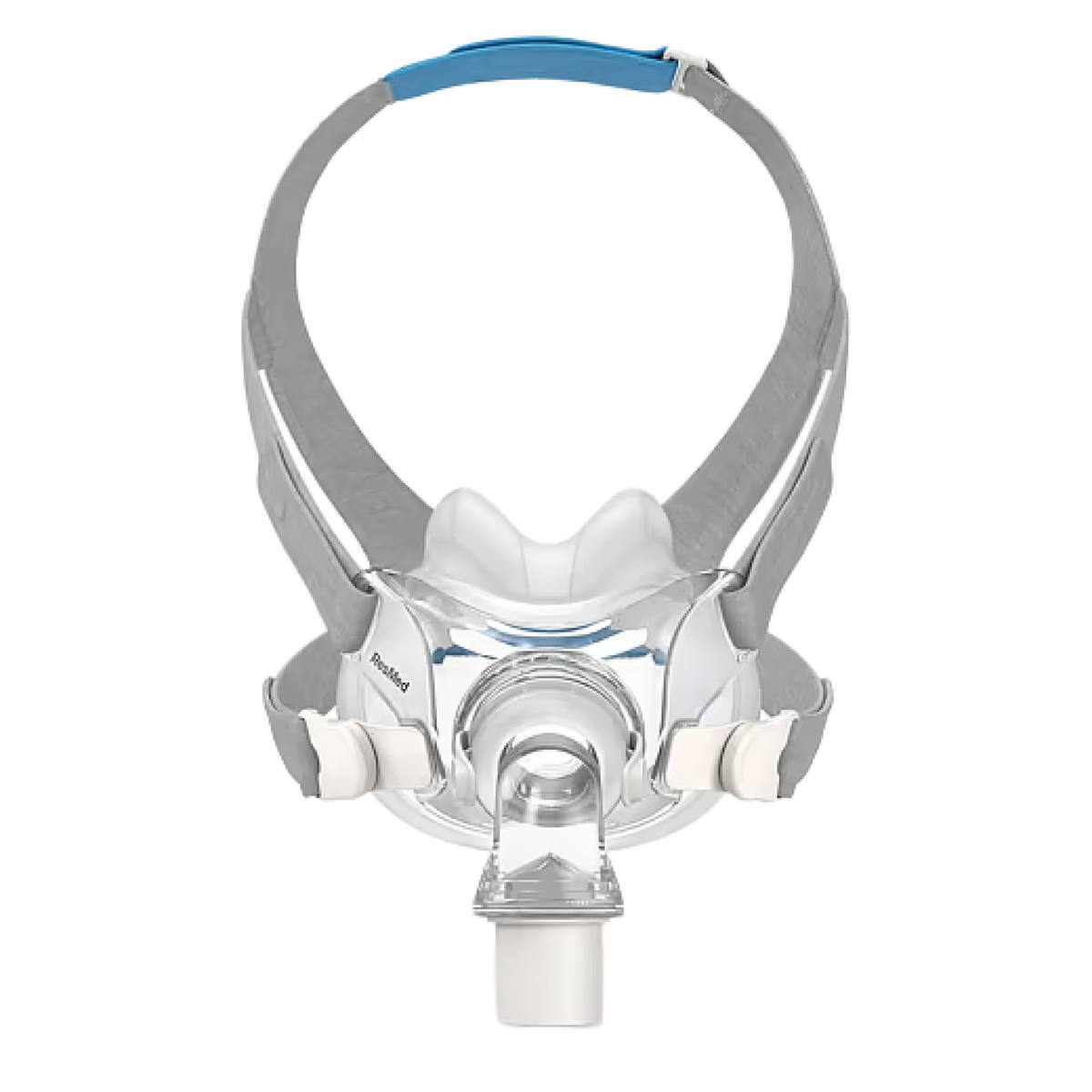 ResMed AirFit F30 full face CPAP mask with grey headgear and clear silicone cushion.