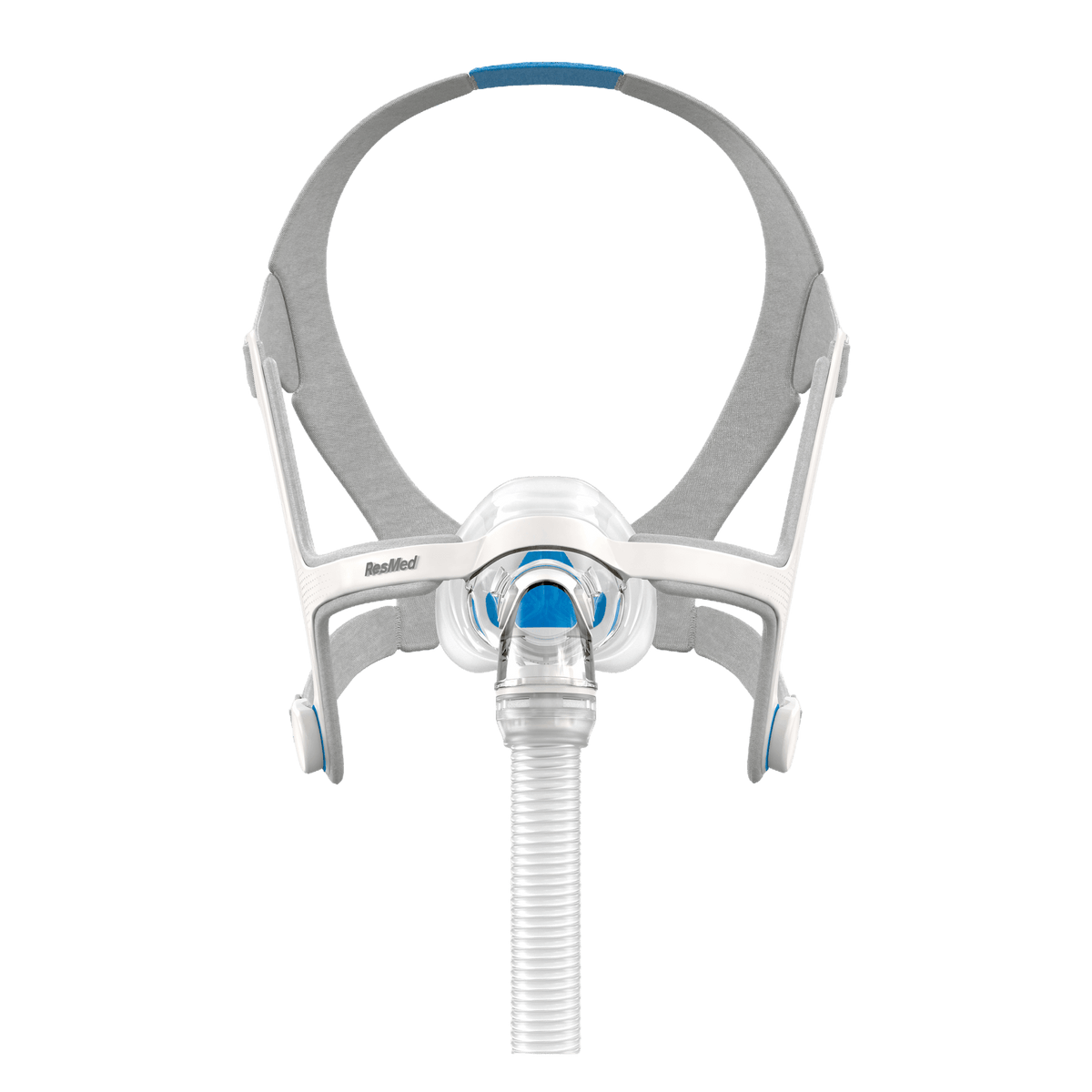 ResMed AirFit N20 nasal mask with grey headgear and white frame on a green background.