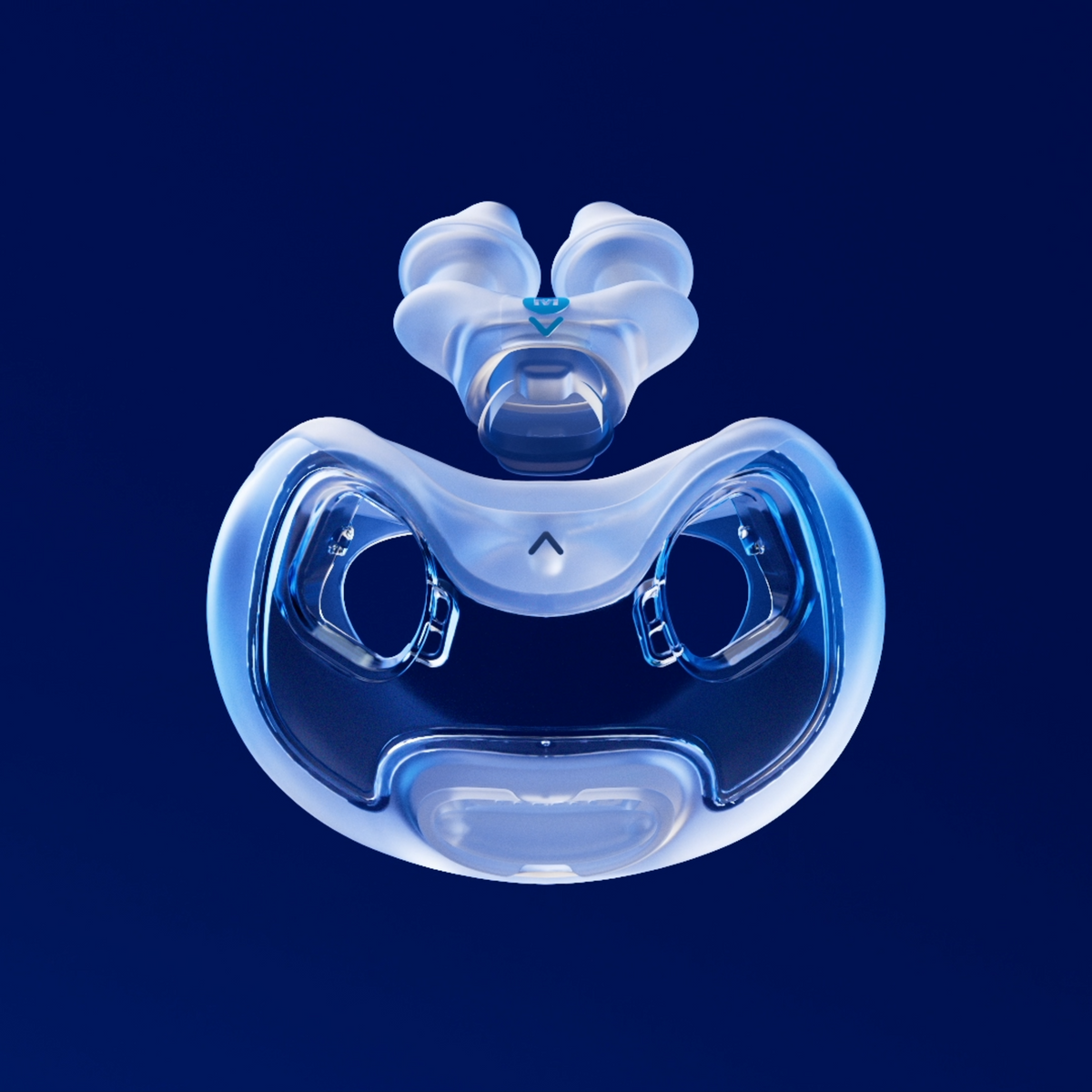 Front view of the AirFit X30i's nasal pillows inserting into the oral portion of the mask.