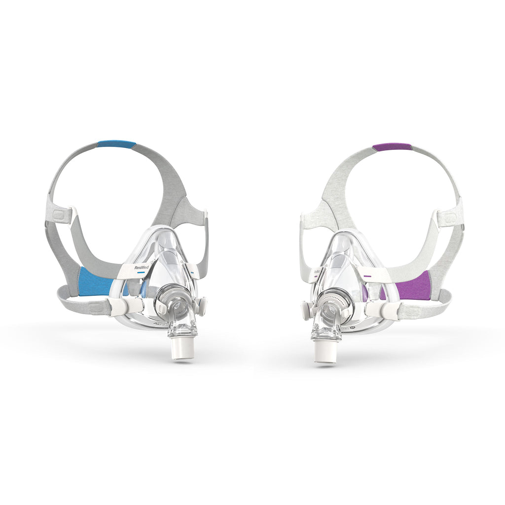 ResMed AirFit F20 full face masks in blue and purple accents, front view