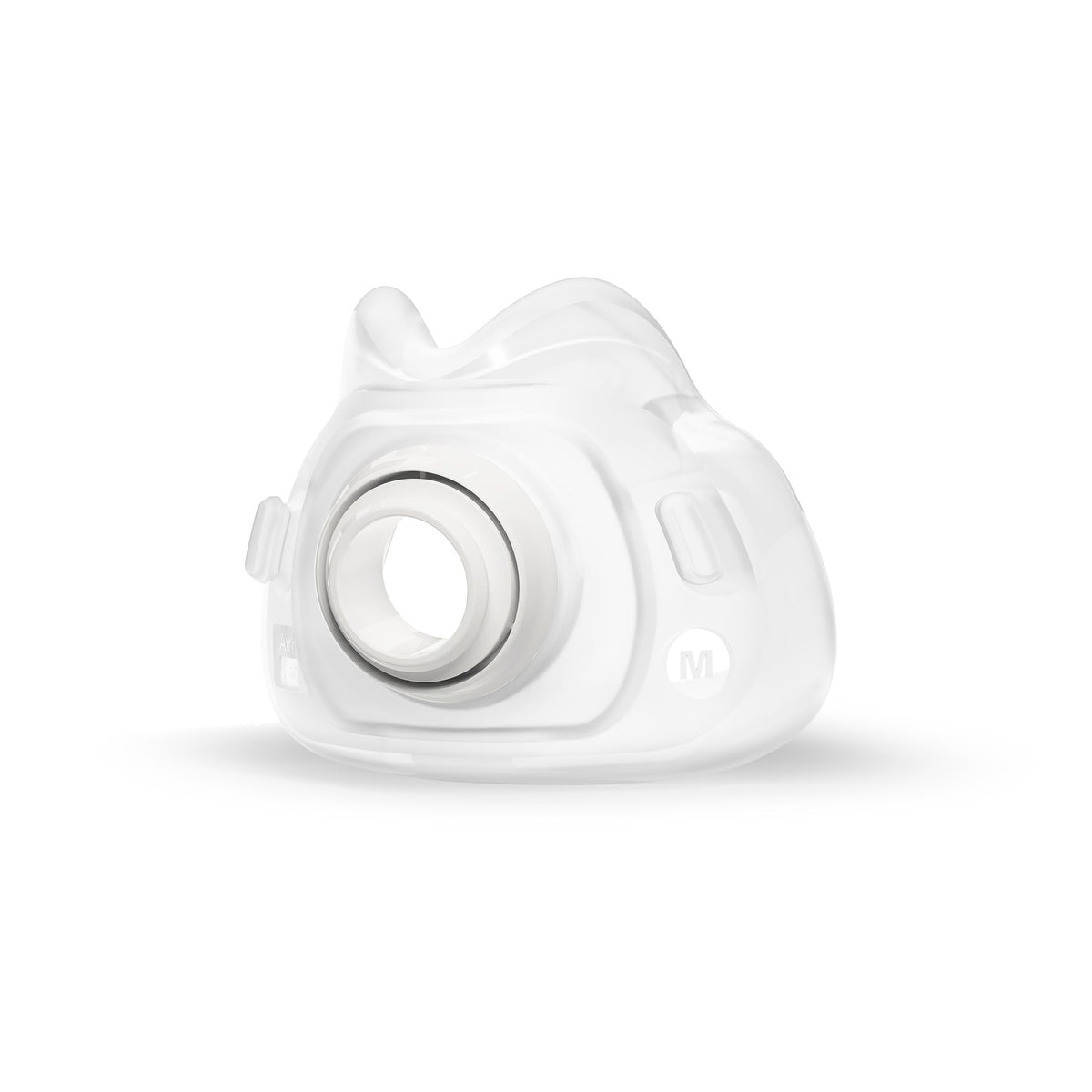 ResMed AirFit F40 full face mask, clear silicone cushion, front view showing size M marking
