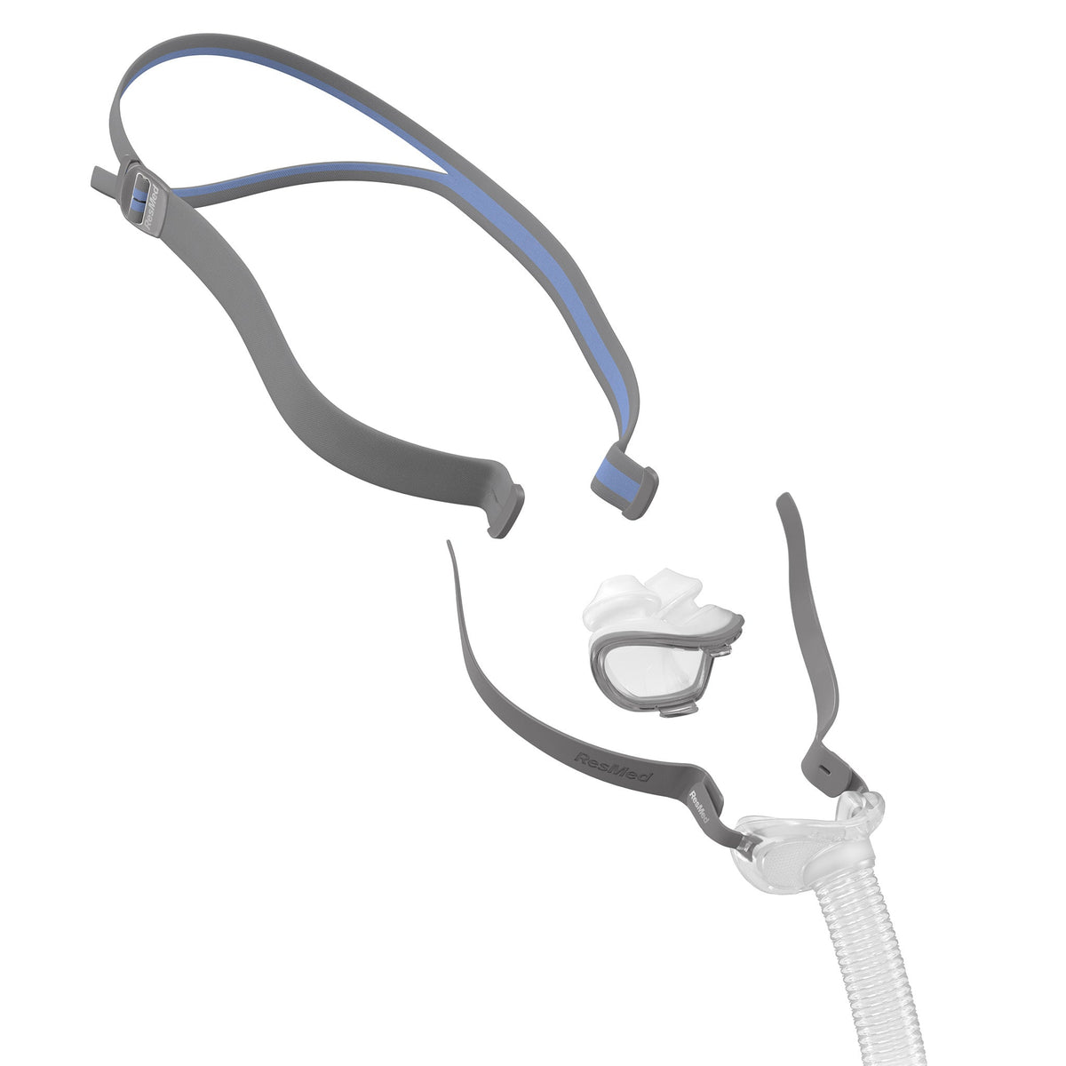 ResMed P10 nasal pillow mask disassembled, showing gray headgear, clear nasal pillows, and tube.