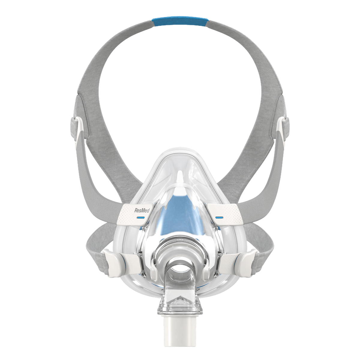 ResMed AirFit F20 full face CPAP mask with grey headgear and clear silicone cushion.