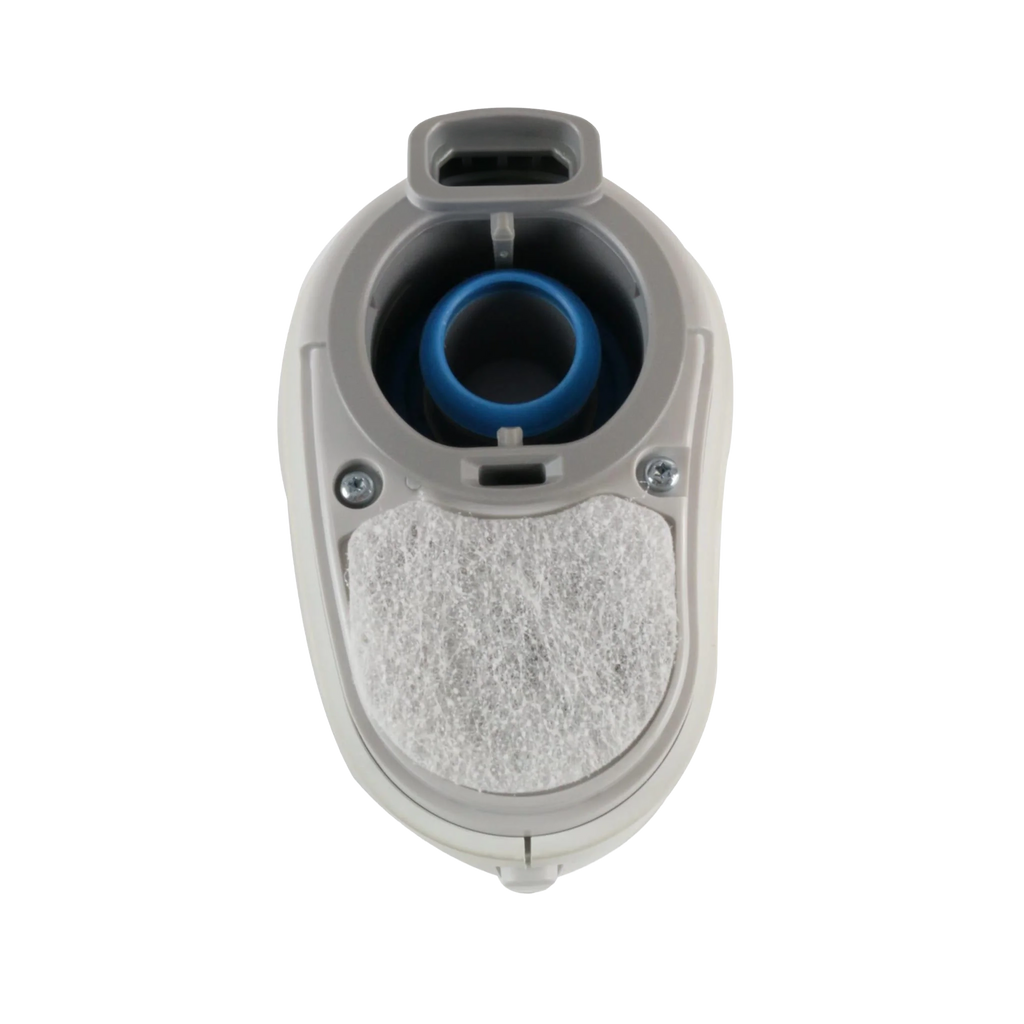 AirMini travel CPAP filter and air intake port, top-down view showing white filter and blue ring.