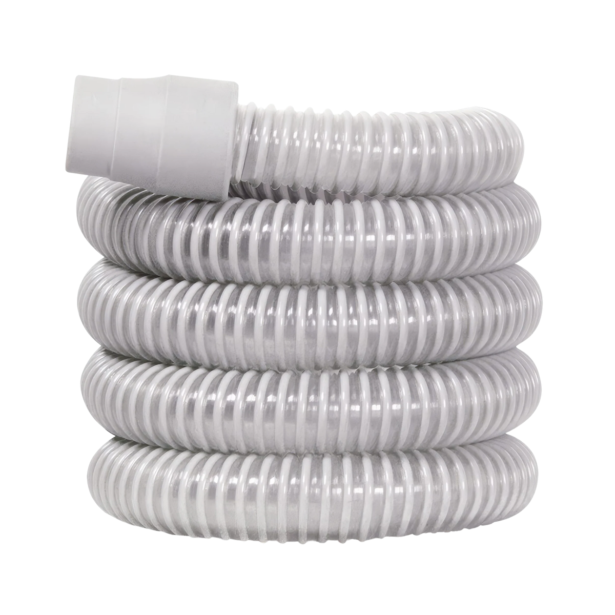 CPAP tubing, clear corrugated flexible hose coiled with a white plastic connector