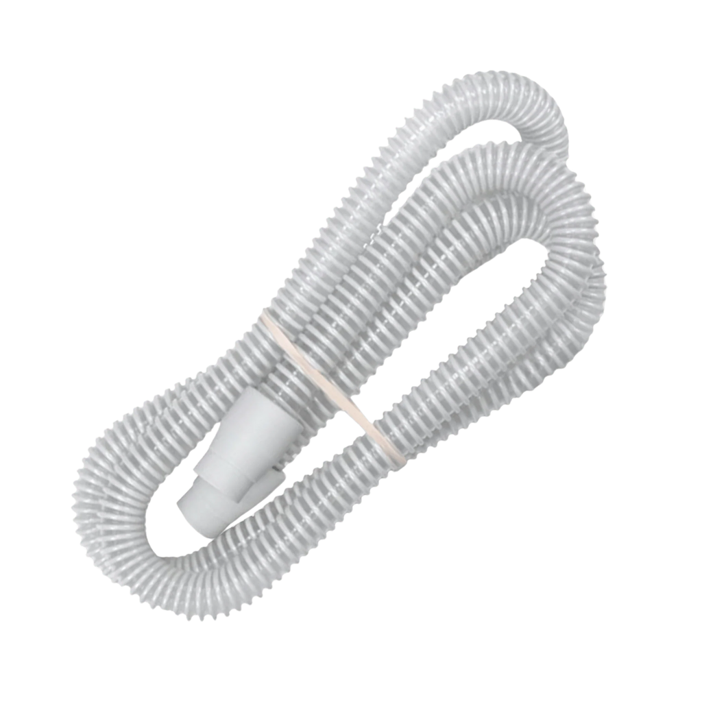 White corrugated CPAP tubing coiled and held together with a white strap.