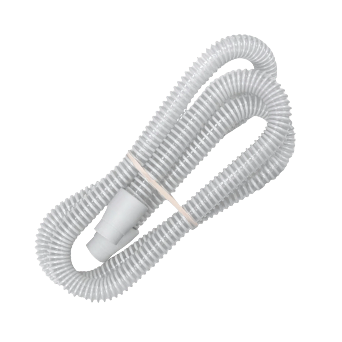 White corrugated CPAP tubing coiled and held together with a white strap.