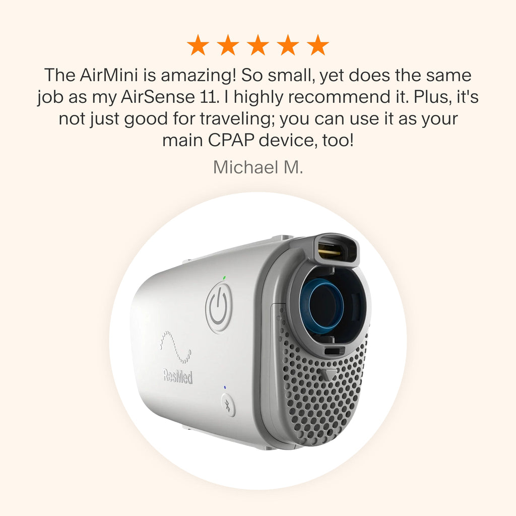 Testimonial for AirMini CPAP praising its compact size, powerful performance, and dual use for travel and daily therapy.