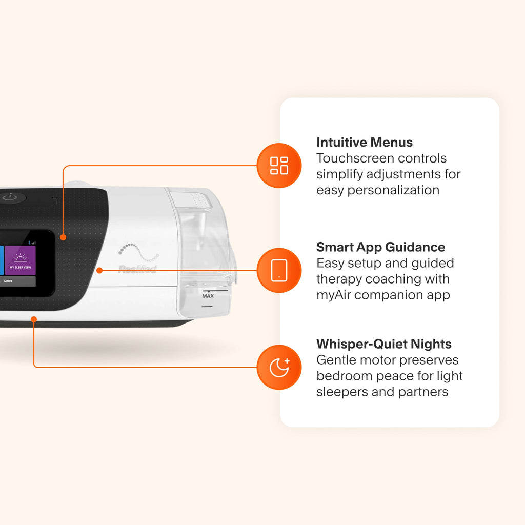 AirSense 11 AutoSet CPAP Machine featuring intuitive touchscreen controls, myAir app coaching, and ultra-quiet operation for peaceful sleep.