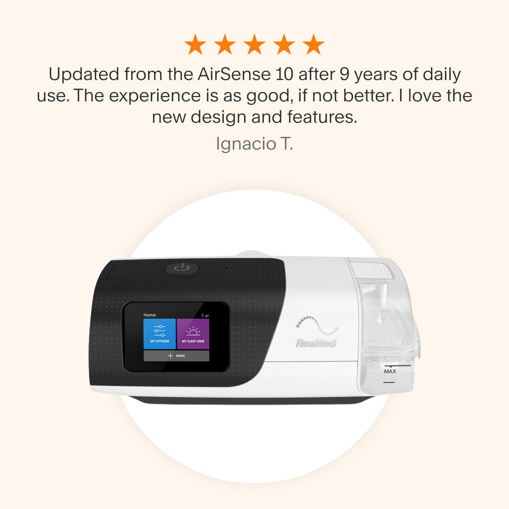 Testimonial praising AirSense 11 CPAP for its upgraded design, comfort, and reliability after years of using AirSense 10.