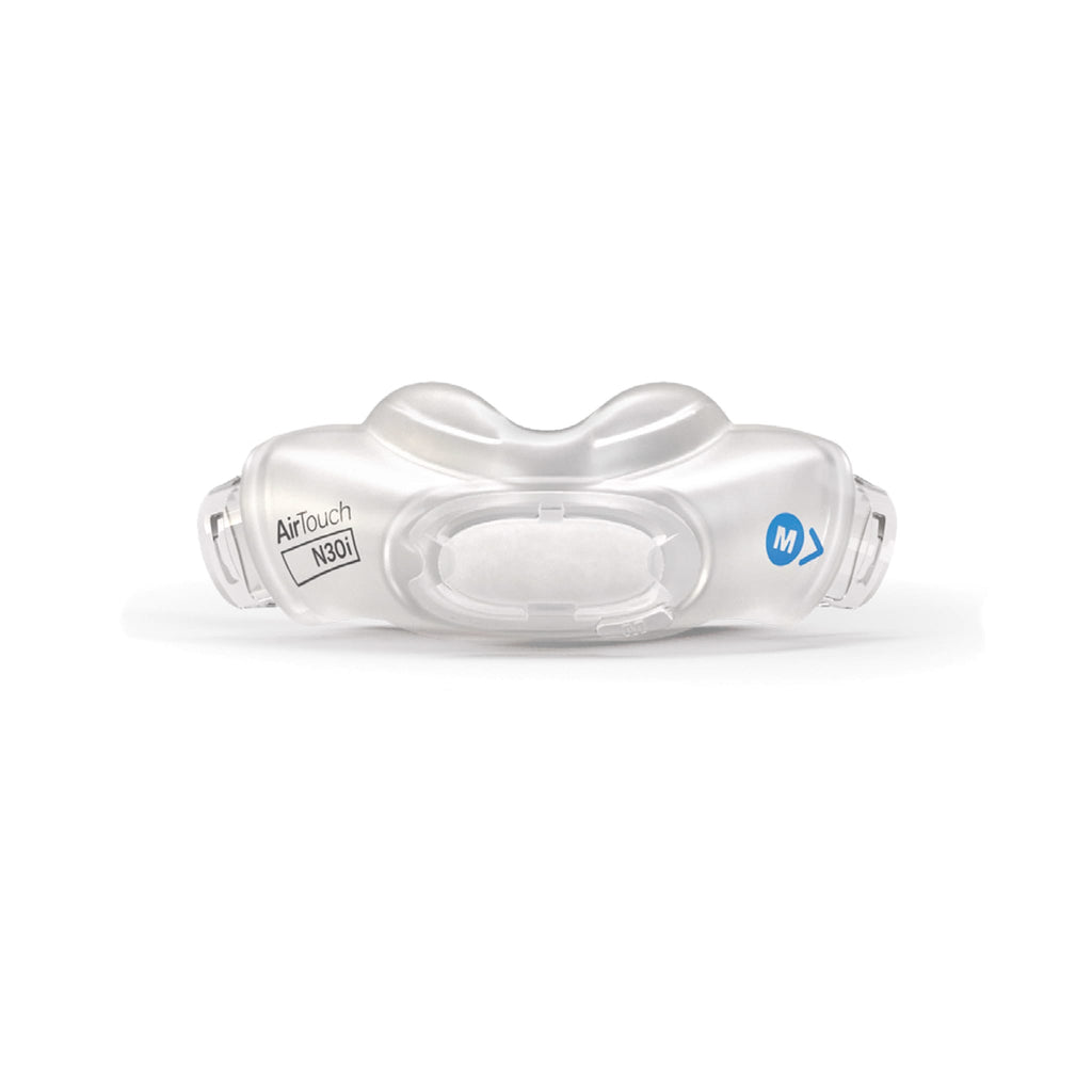 Front view of the ResMed AirTouch N30i nasal cushion in medium size, featuring soft memory foam padding, quick-release connection points, and branding on the sides.