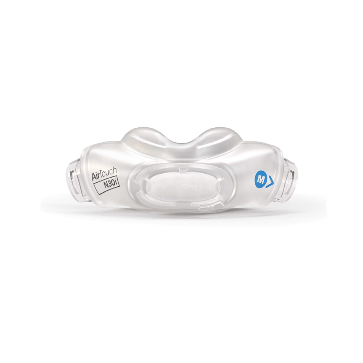 Front view of the ResMed AirTouch N30i nasal cushion in medium size, featuring soft memory foam padding, quick-release connection points, and branding on the sides.