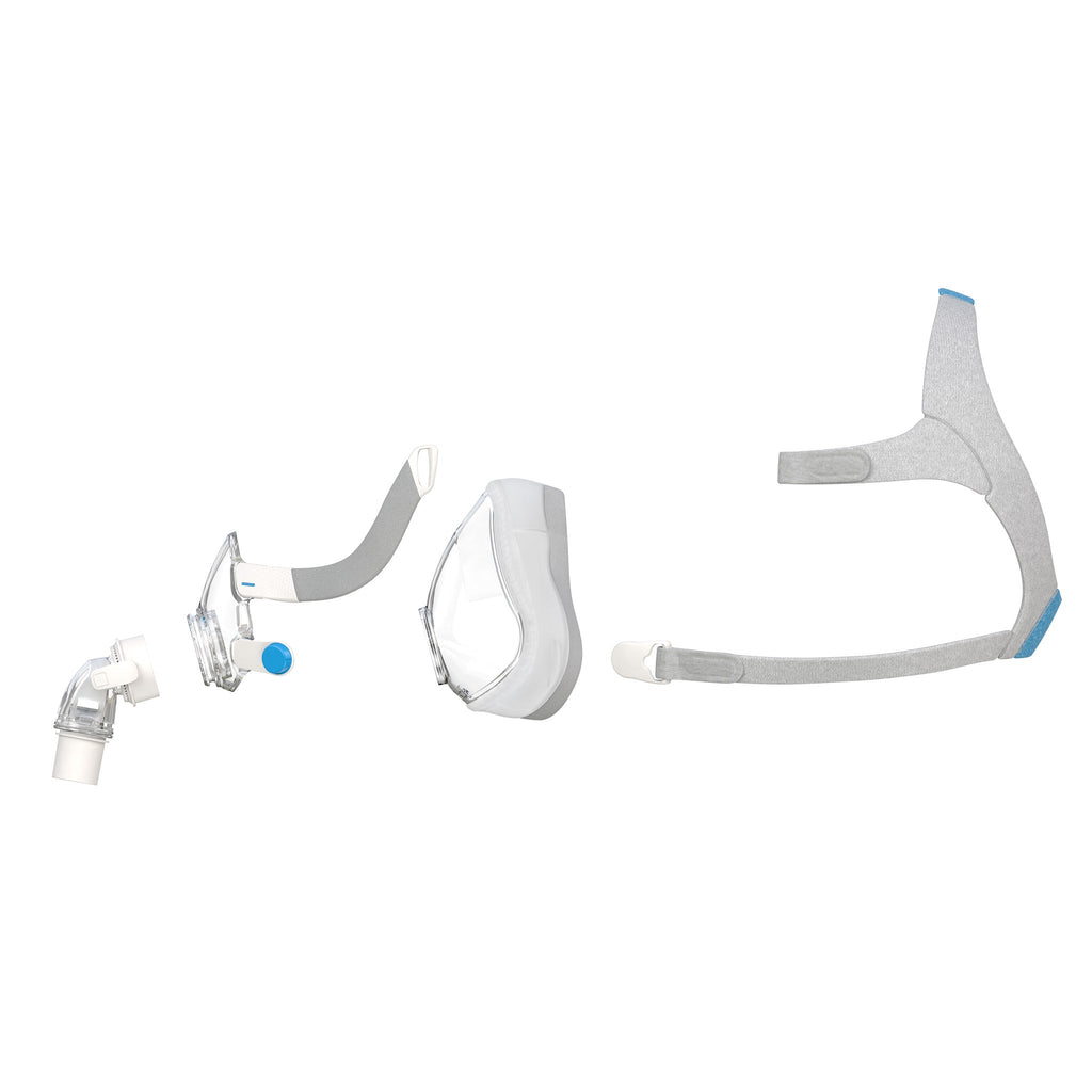 ResMed AirTouch F20 full face mask disassembled showing headgear, cushion, and frame components.