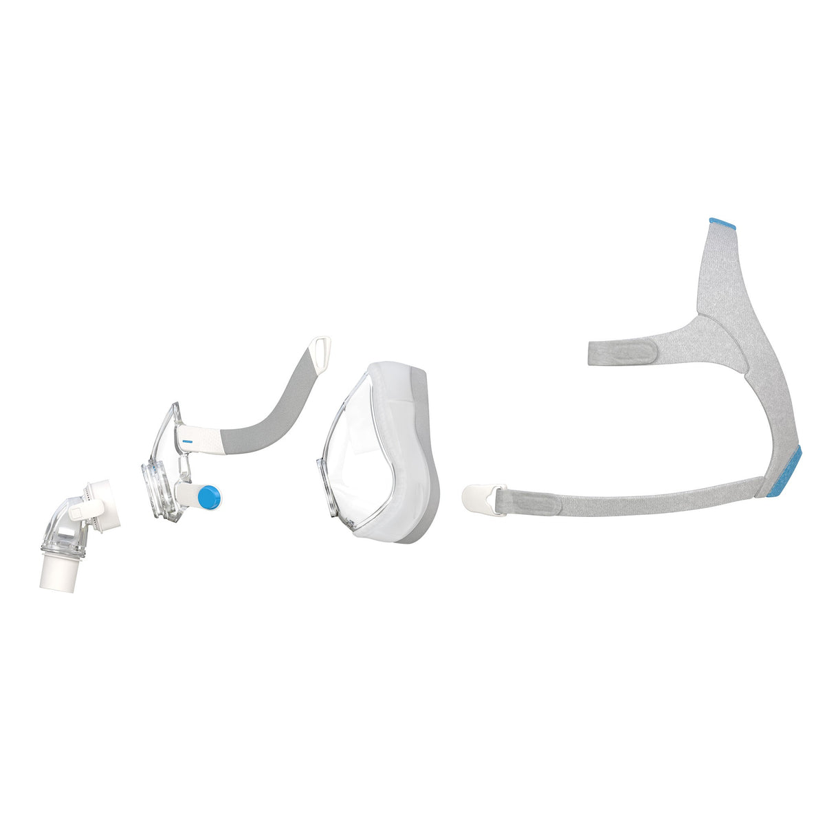 ResMed AirTouch F20 full face mask disassembled showing headgear, cushion, and frame components.