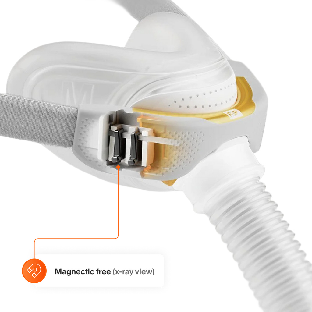Detail image showing how the headgear clips on the mask without magnets.