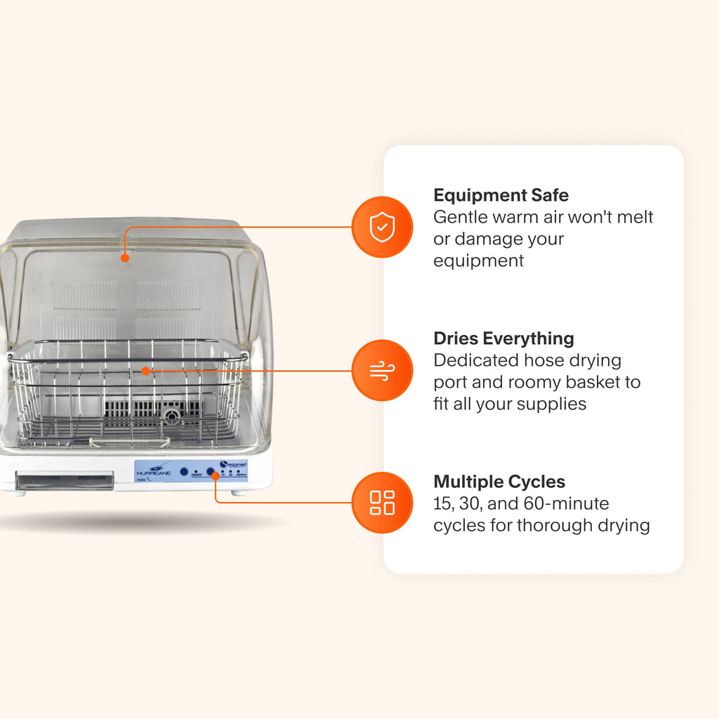 Hurricane Equipment Dryer featuring multiple drying cycles, a dedicated hose port and spacious basket for all supplies, and gentle warm air safe for CPAP equipment.