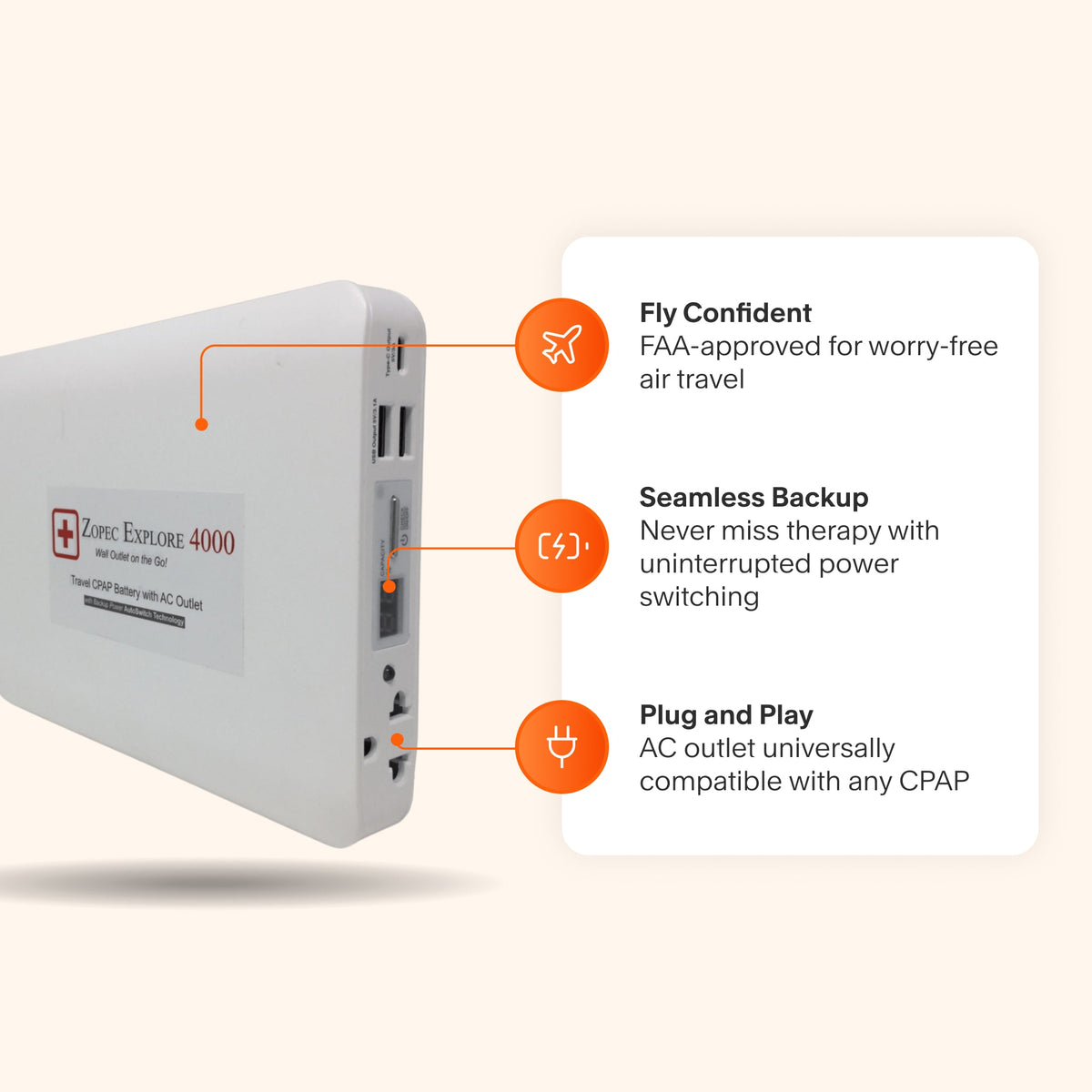 Zopec Explore 4000 featuring FAA approval for air travel, a universal AC outlet for any CPAP, and uninterrupted power switching for seamless therapy.