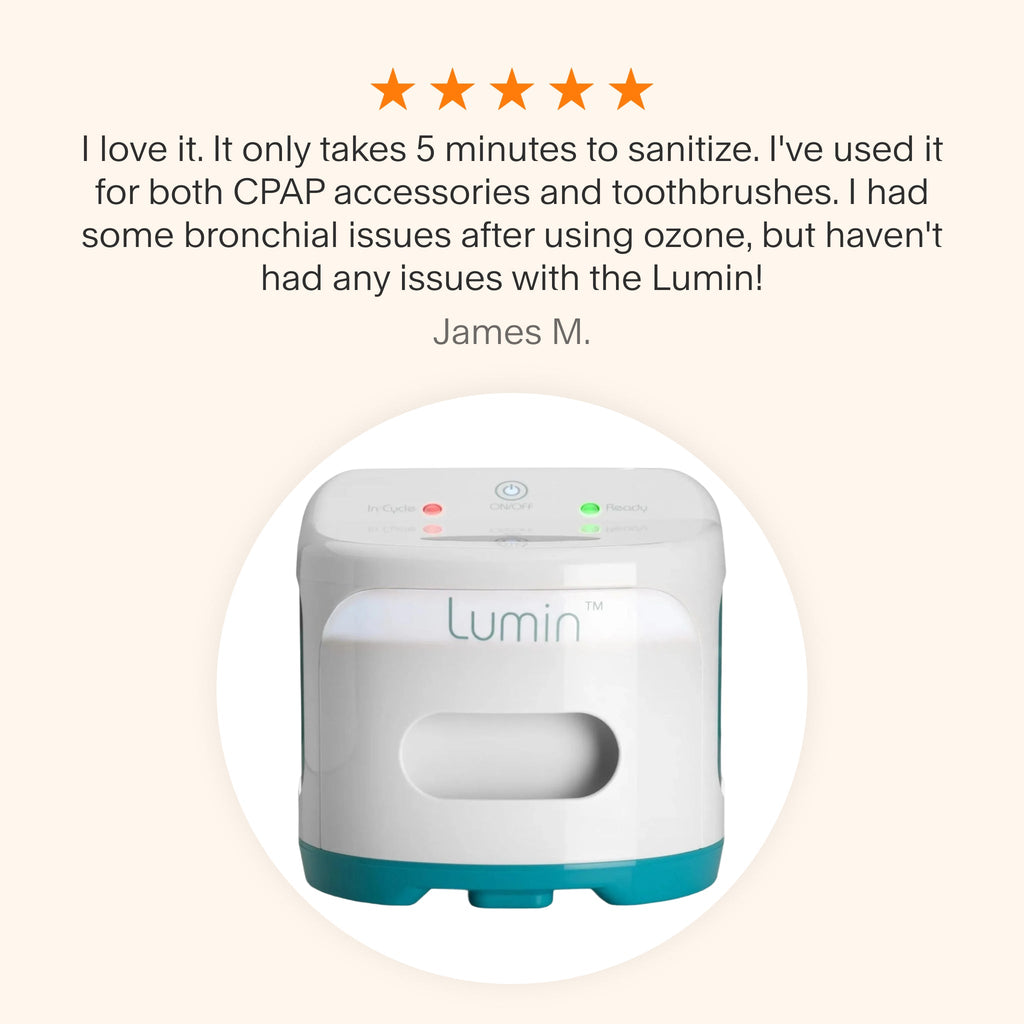 Testimonial for Lumin UVC Sanitizer highlighting quick use, ozone-free safety, and effective CPAP and personal item sanitizing.