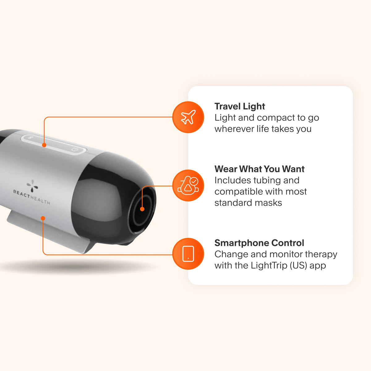 Luna TravelPAP CPAP machine featuring lightweight and compact design for easy travel, compatibility with most masks, and smartphone app for therapy monitoring.