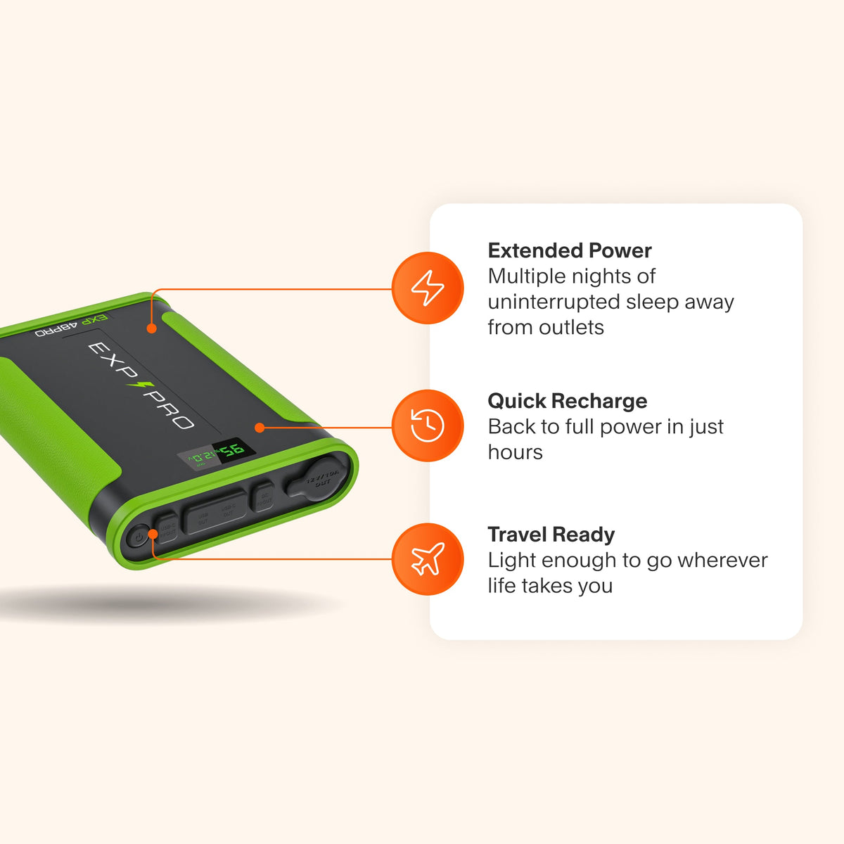 EXP48 Pro Lithium Iron Phosphate Battery Bank for reliable, portable CPAP power with extended battery life and fast recharging capability.