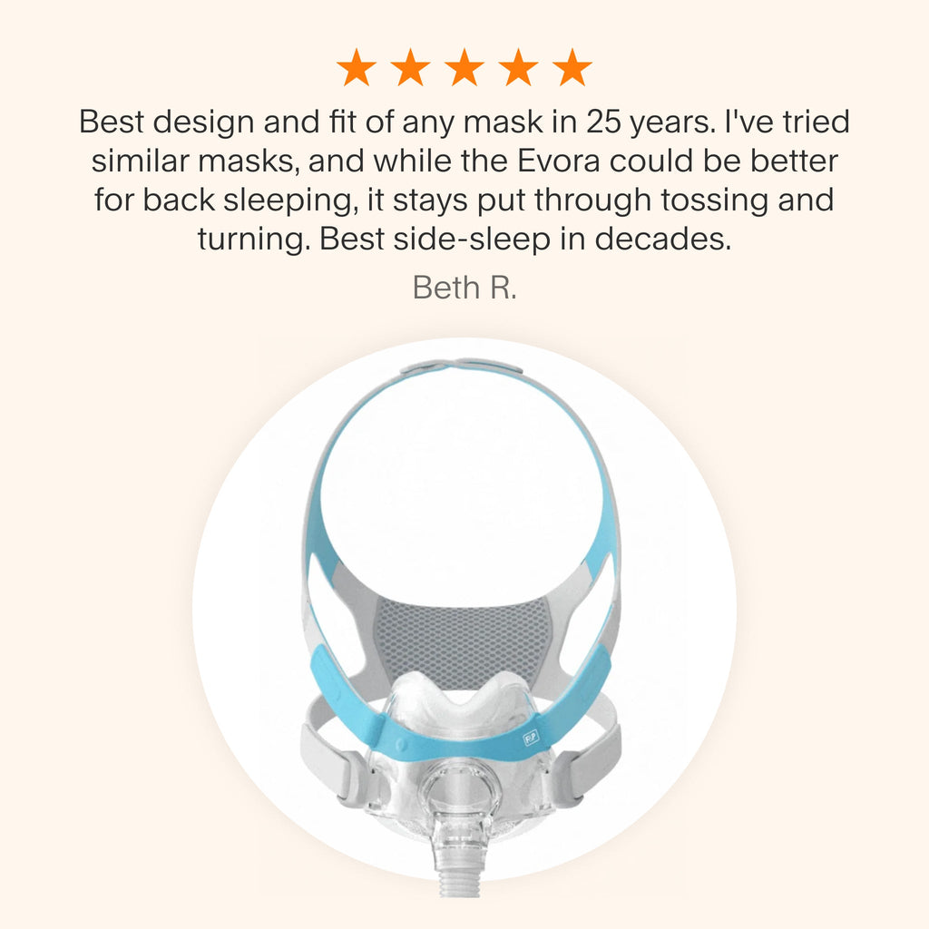 Testimonial praising Evora Full Face Mask's secure fit for side-sleepers and stability during movement.