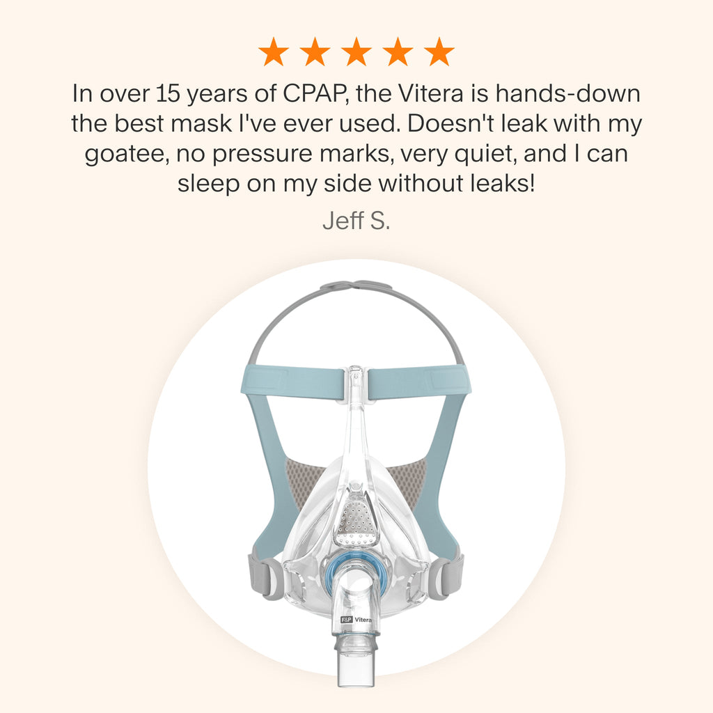 Testimonial highlighting Vitera mask’s leak-free seal with facial hair, comfort without pressure marks, quiet performance, and side-sleep compatibility.