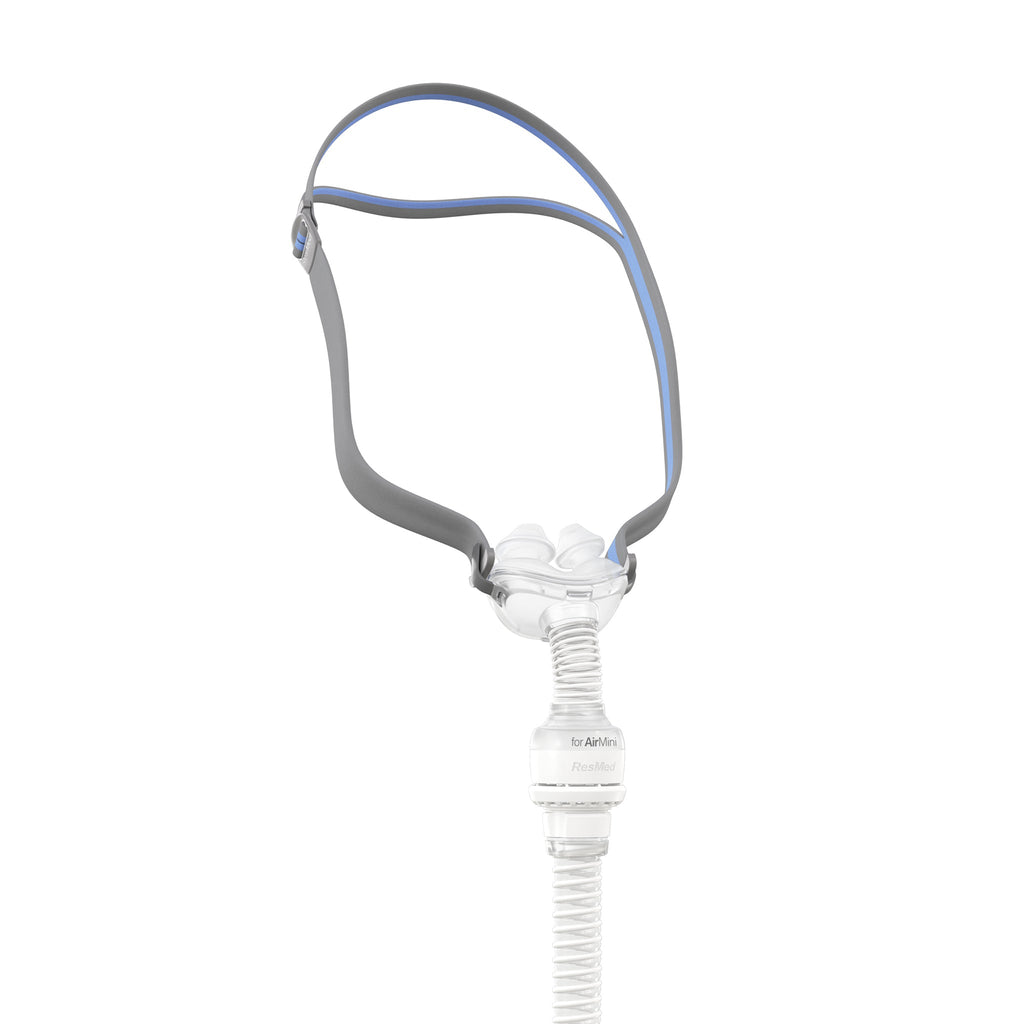 ResMed AirFit P10 nasal pillow mask with grey and blue headgear and white corrugated tubing
