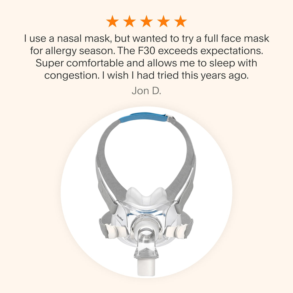 Testimonial praising the ResMed AirFit™ F30 Full Face Mask for its comfort and effectiveness during allergy season, highlighting its ability to accommodate nasal congestion.