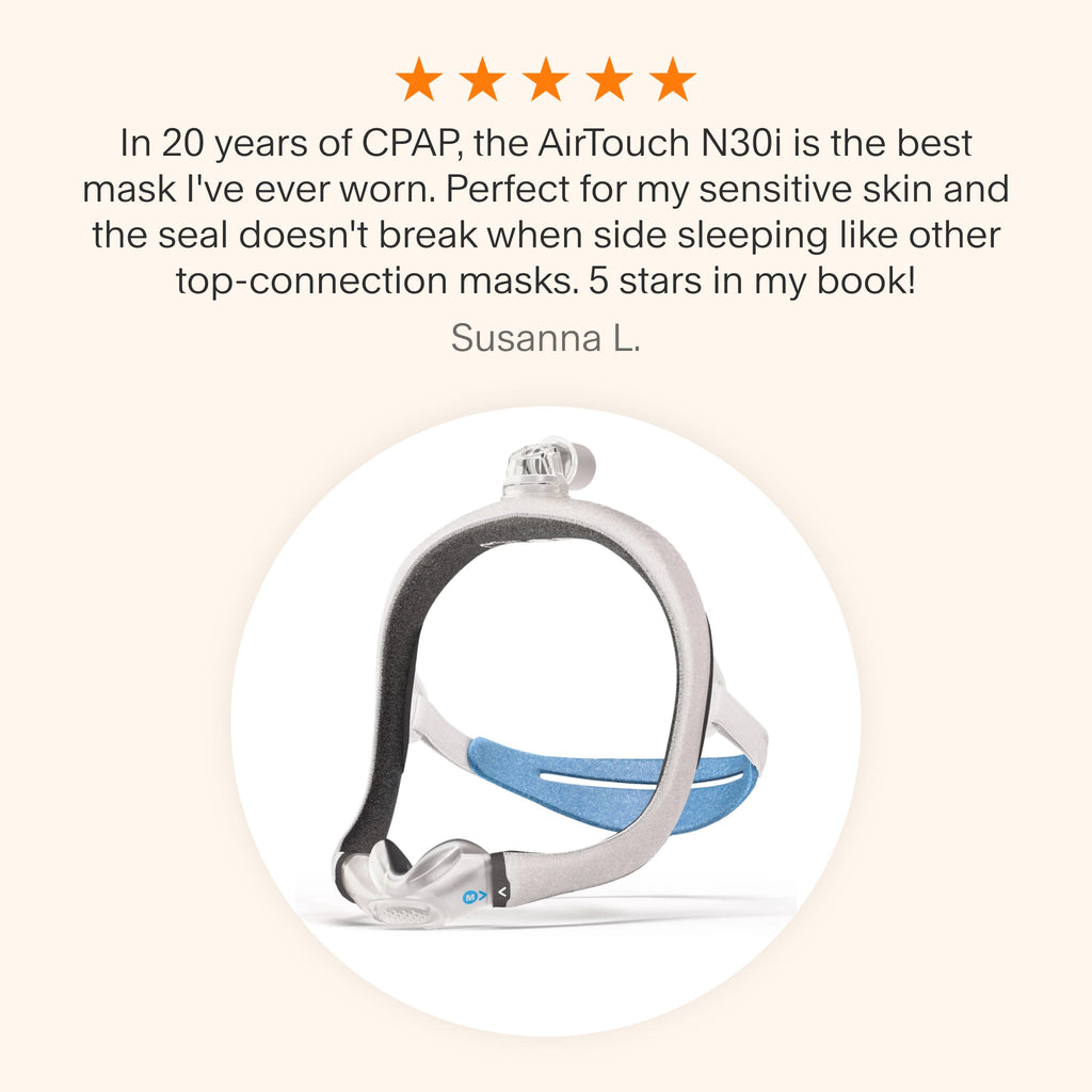 Testimonial praising the AirTouch N30i as the best CPAP mask after 20 years of use, highlighting its gentle fit for sensitive skin and reliable seal for side sleepers.
