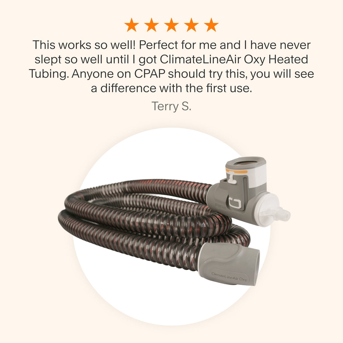 Testimonial praising the Zephair AirMini Tube Adapter for its sturdy build, enabling the use of standard tubing and masks, and reducing noise for a quieter experience.