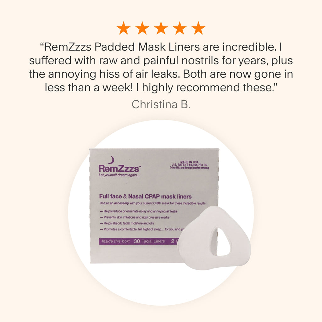 Testimonial praising RemZzzs Padded Mask Liners for eliminating raw nostrils and air leaks within a week, highly recommending them for improved comfort and seal.
