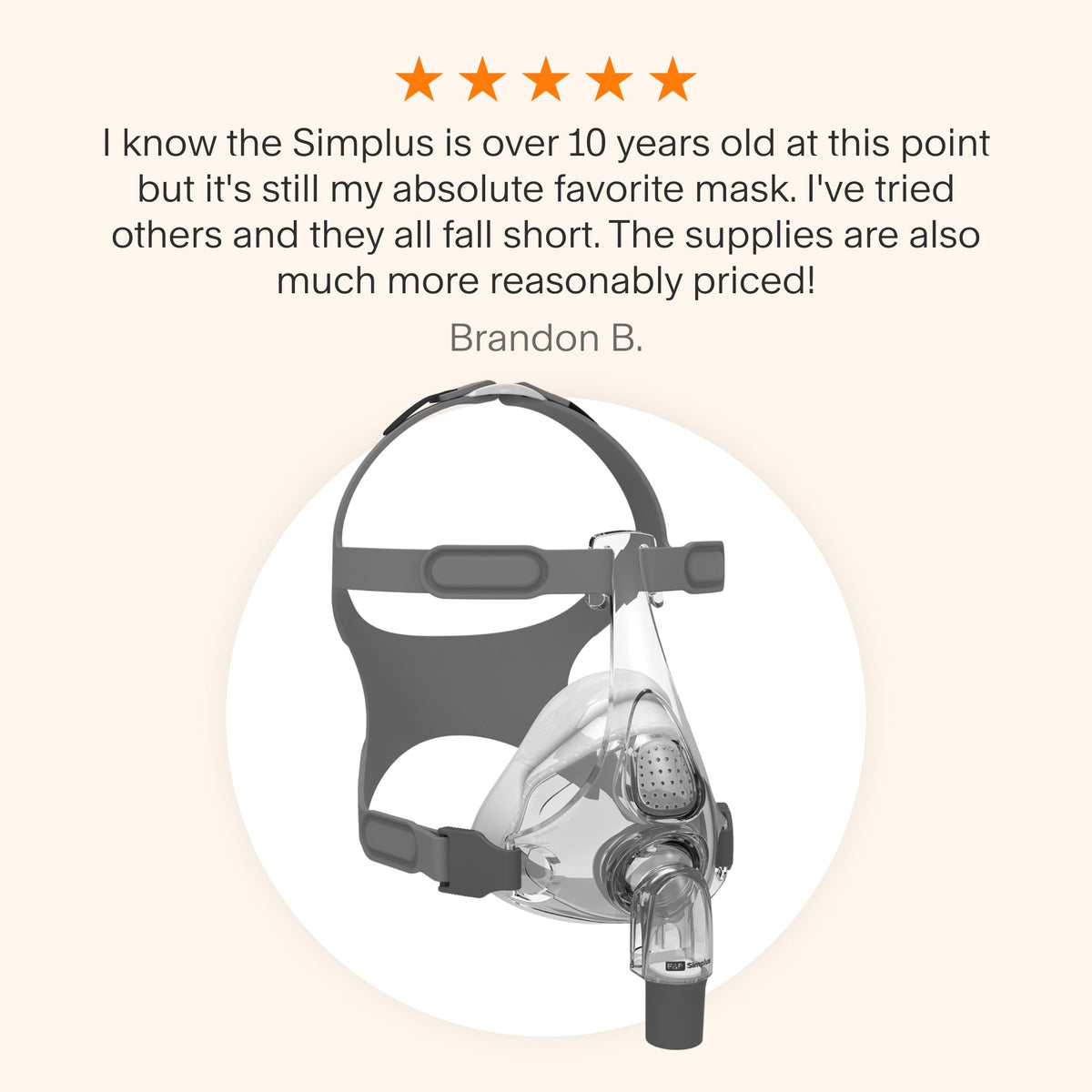 Testimonial praising the Simplus Full Face CPAP Mask for its enduring comfort, reliability, and affordable replacement supplies.