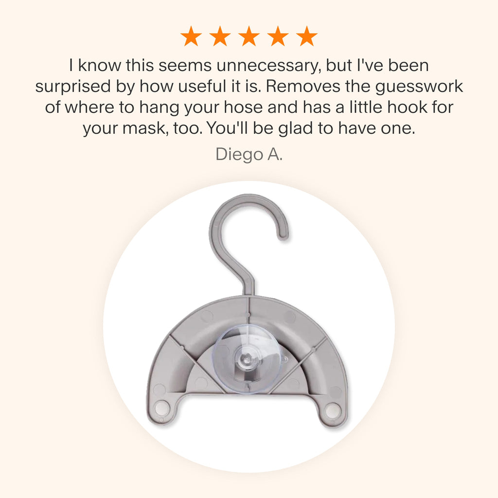 Testimonial praising the CPAP Hose Hanger for its convenience, highlighting its ease of use for hanging hoses and the added mask hook for organized storage.