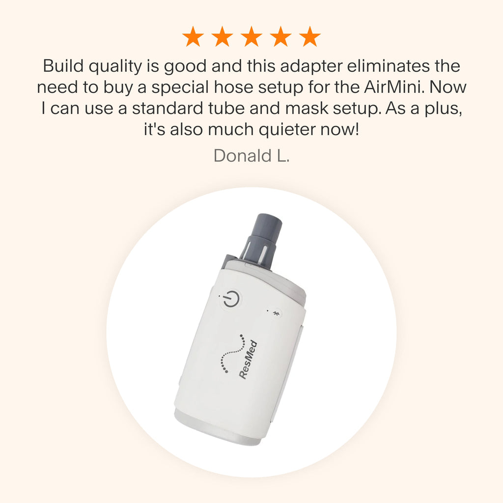 Testimonial praising the Zephair AirMini Tube Adapter for its sturdy build, enabling the use of standard tubing and masks, and reducing noise for a quieter experience.