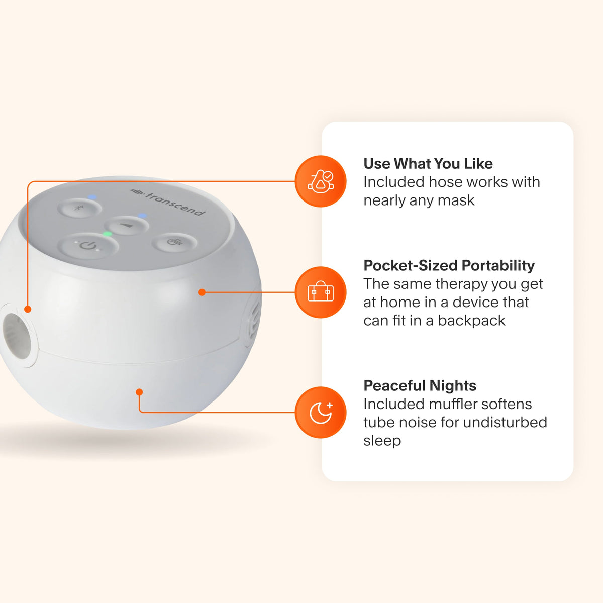 Transcend Micro CPAP featuring universal mask compatibility, backpack-sized design, and muffler for quiet sleep therapy.