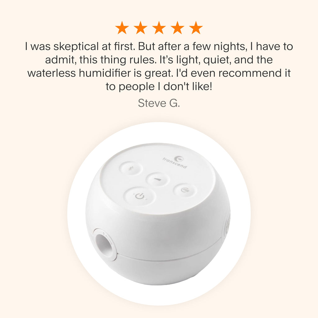 Testimonial for Transcend Micro CPAP highlighting lightweight feel, quiet performance, and effective waterless humidification.