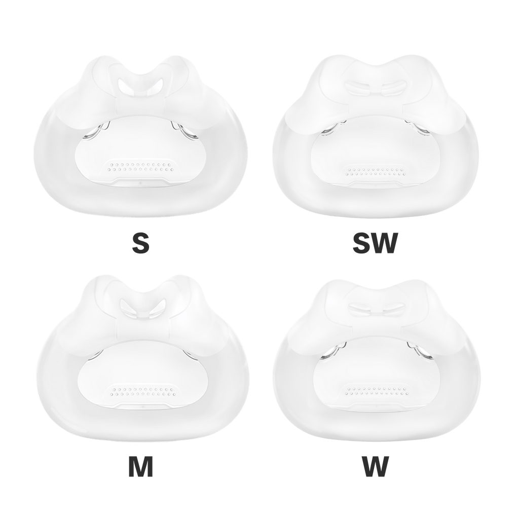 family shot showing all sizes of f30i cushion - small, small wide, medium, and wide.