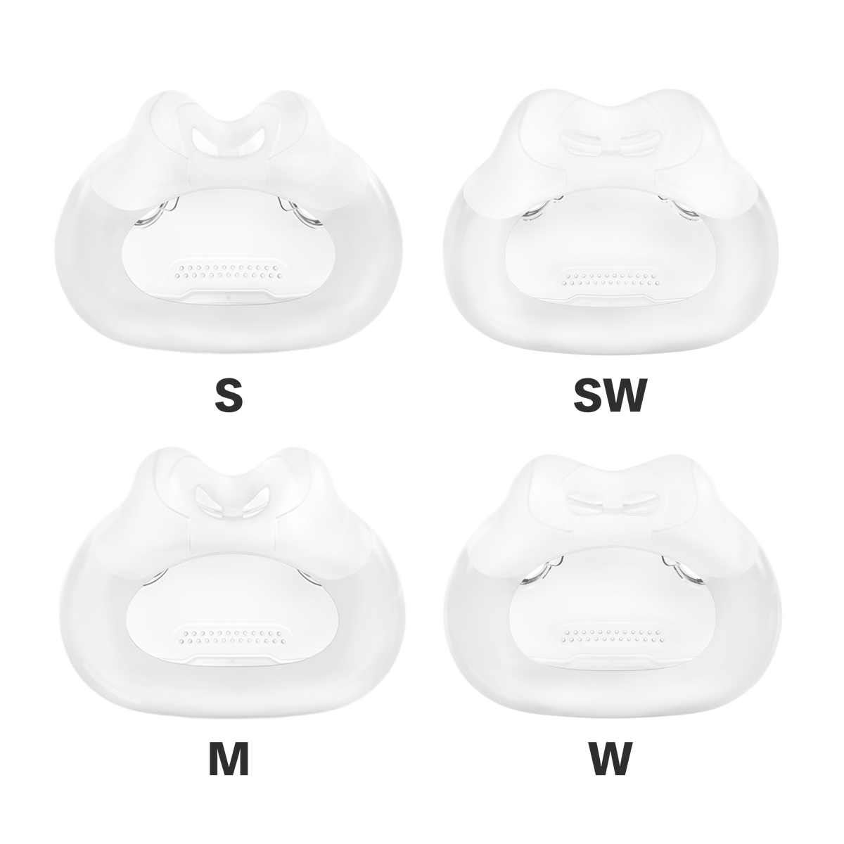 family shot showing all sizes of f30i cushion - small, small wide, medium, and wide.