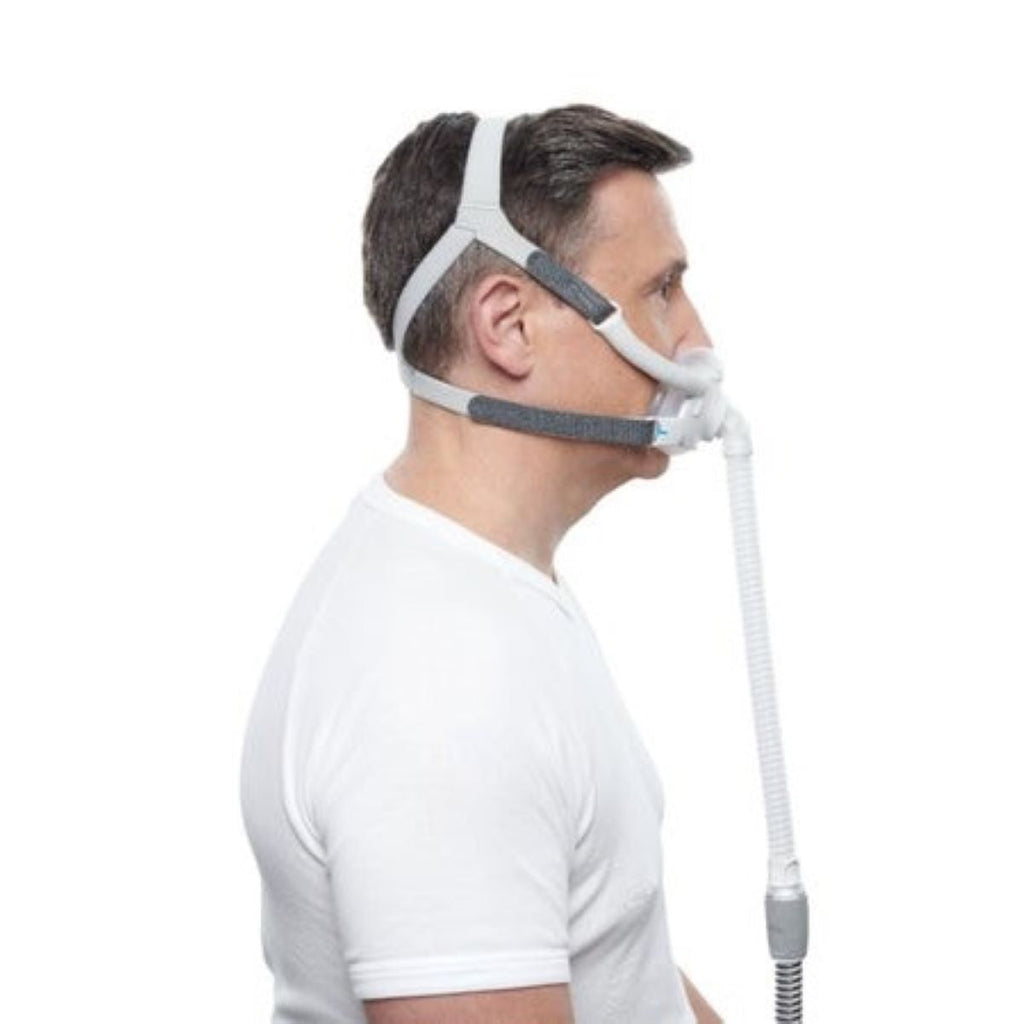 Man wearing a ResMed AirFit F40 full face CPAP mask in profile view.
