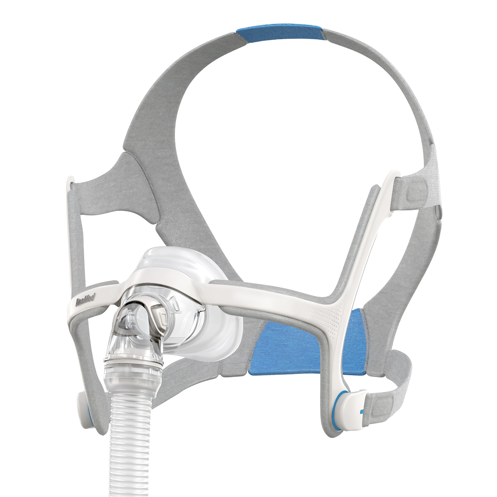 ResMed AirFit N20 nasal mask with gray headgear and clear nasal cushion, angled view.
