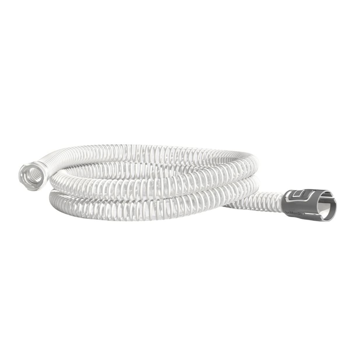 ResMed white corrugated CPAP tubing coiled on a black background