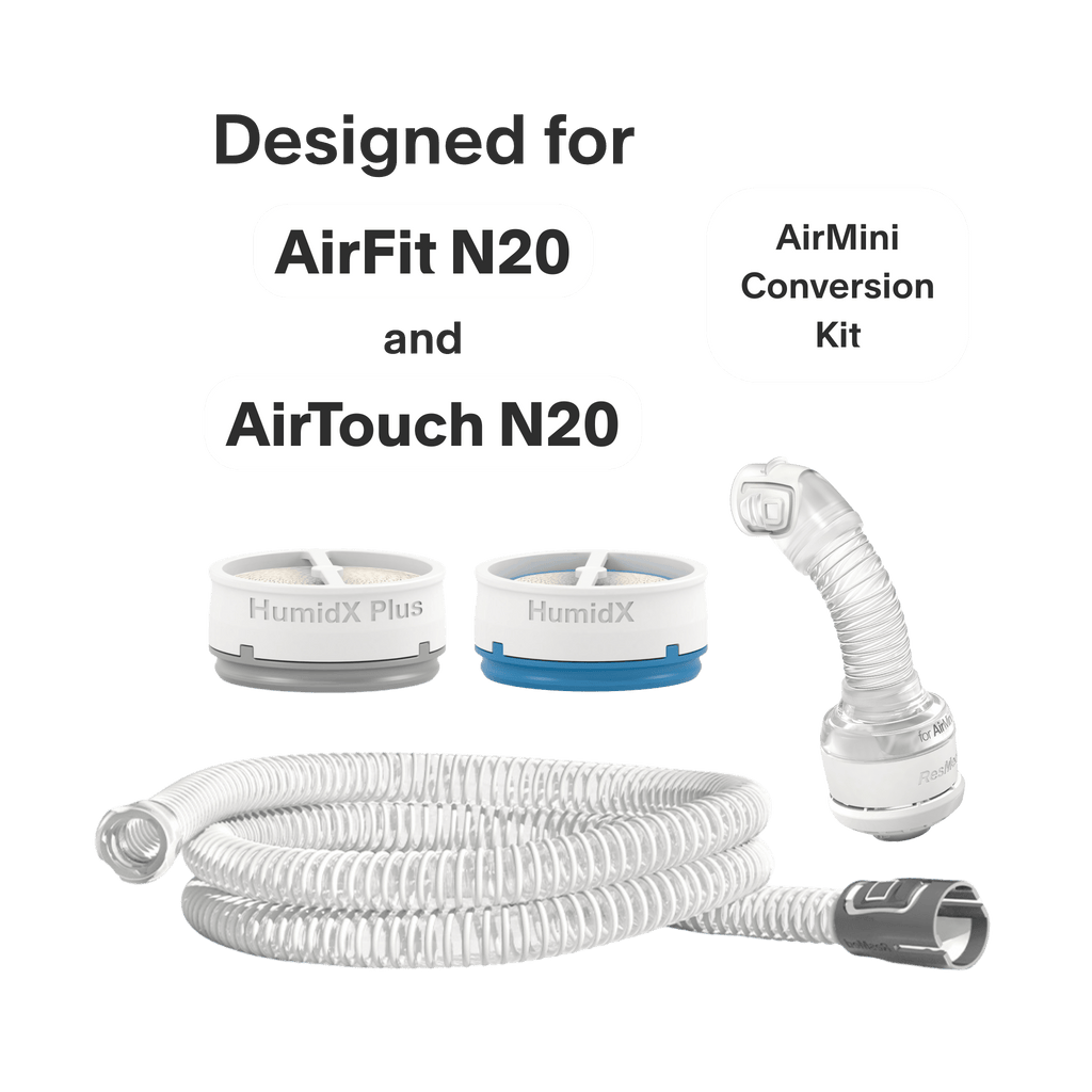 ResMed AirMini Conversion Kit with white corrugated tubing, connector, and HumidX waterless humidifiers.