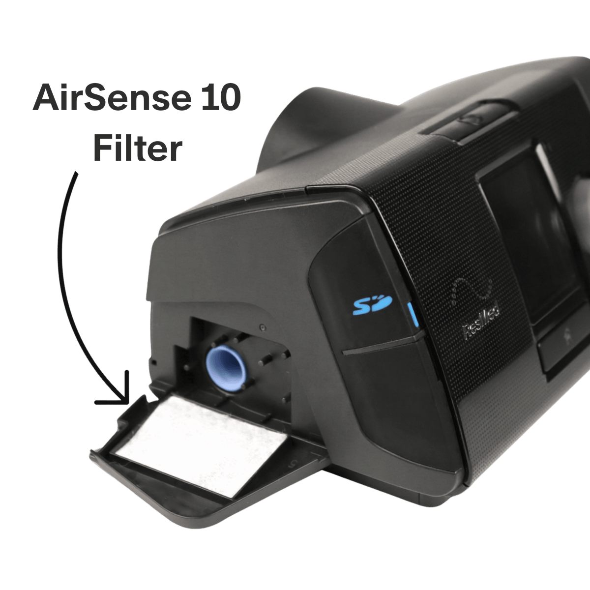 Airsense 10 with filter door open showing filter location on left hand side of machine